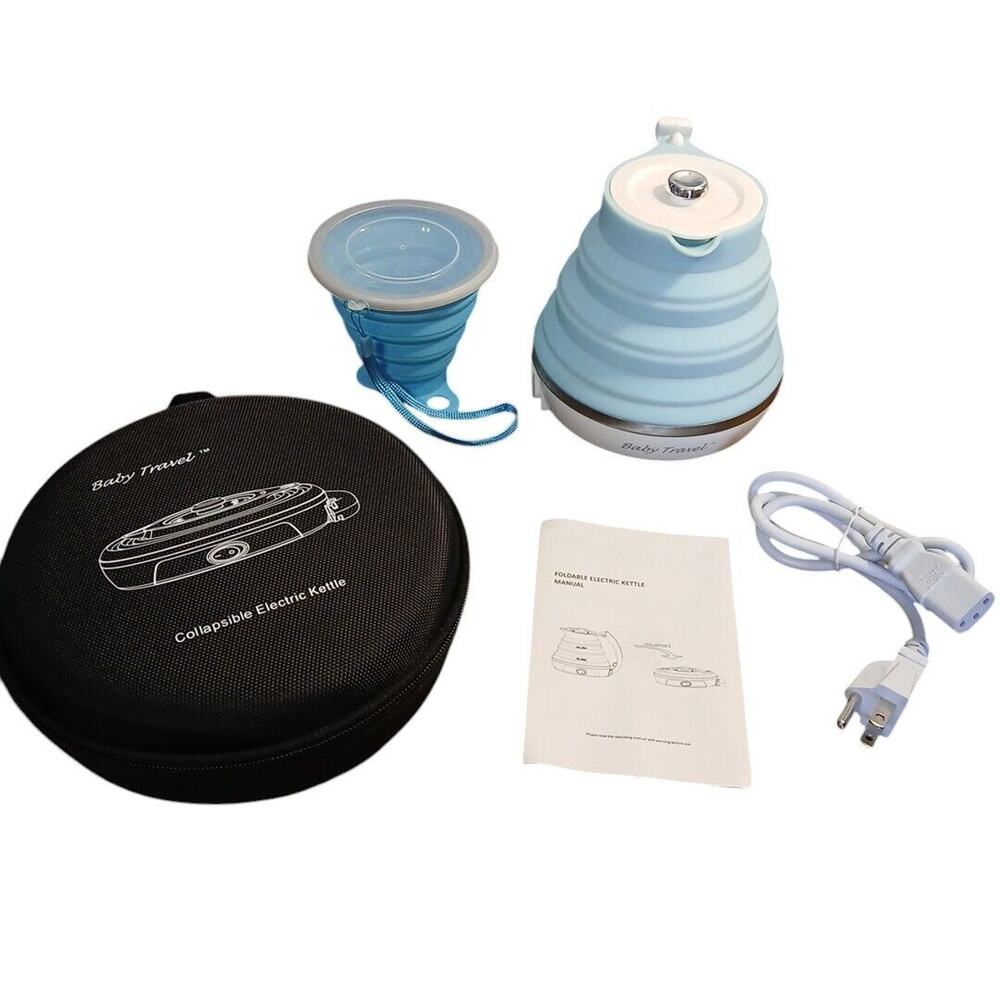 Baby Travel Blue Electric Kettle & Cup Food Grade Collapsible Silicone Case READ